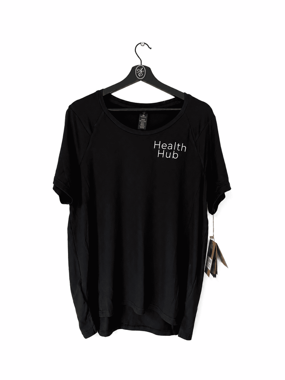 Black T-shirt with 'Health Hub' logo on the front.