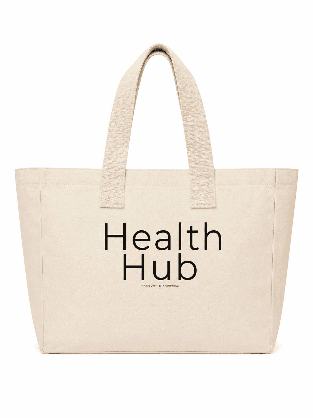 Cream tote bag with 'Health Hub' logo for promotional use.