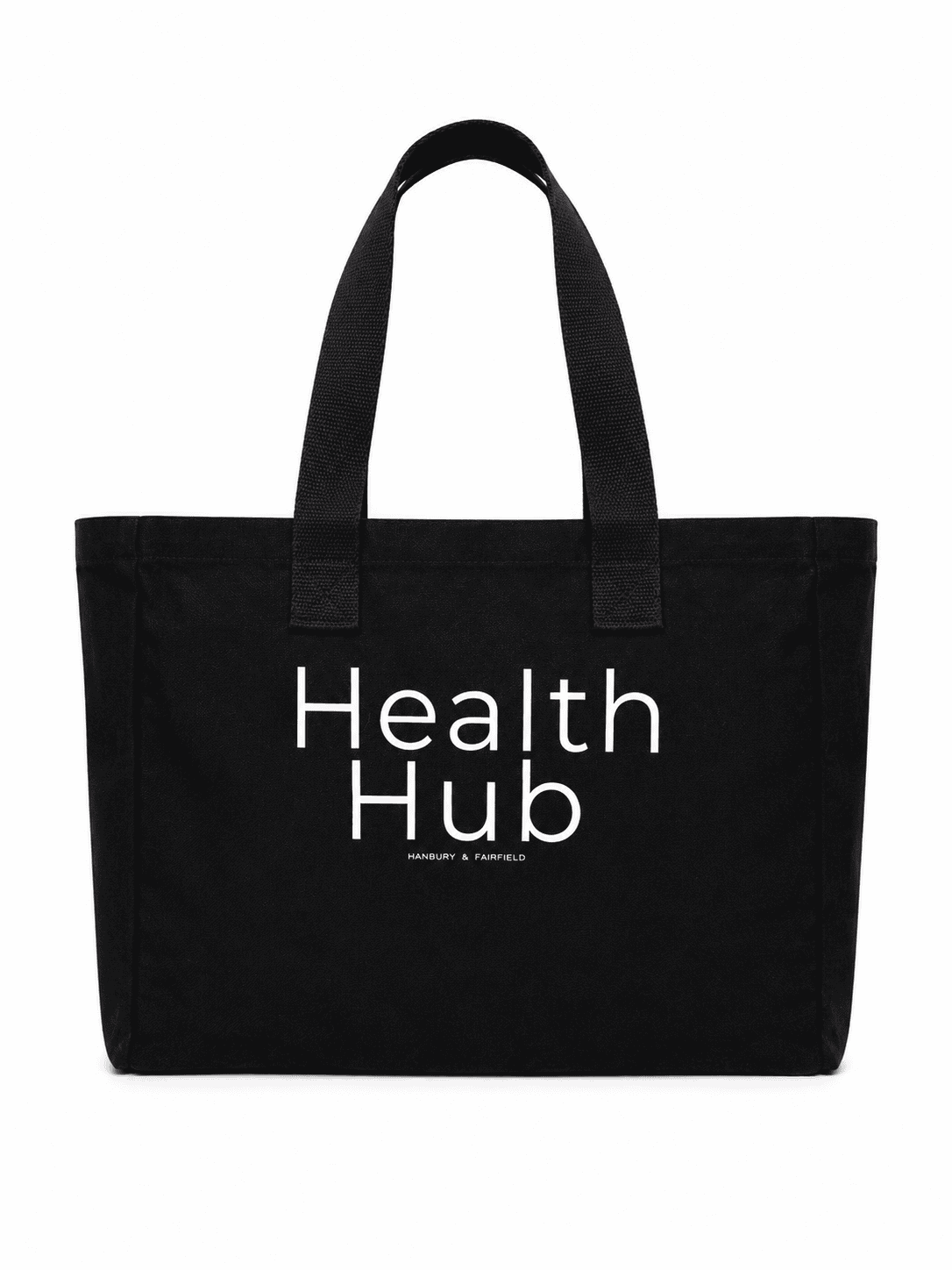 Black tote bag with Health Hub logo for promotional use.