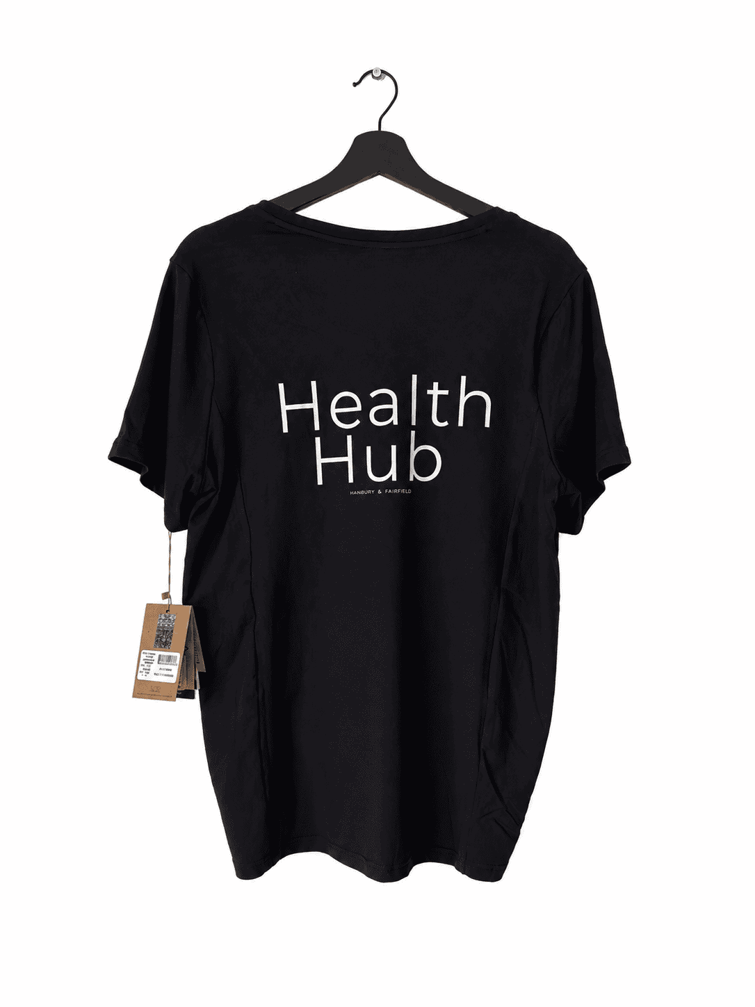Black T-shirt with 'Health Hub' logo for wellness and health promotion.