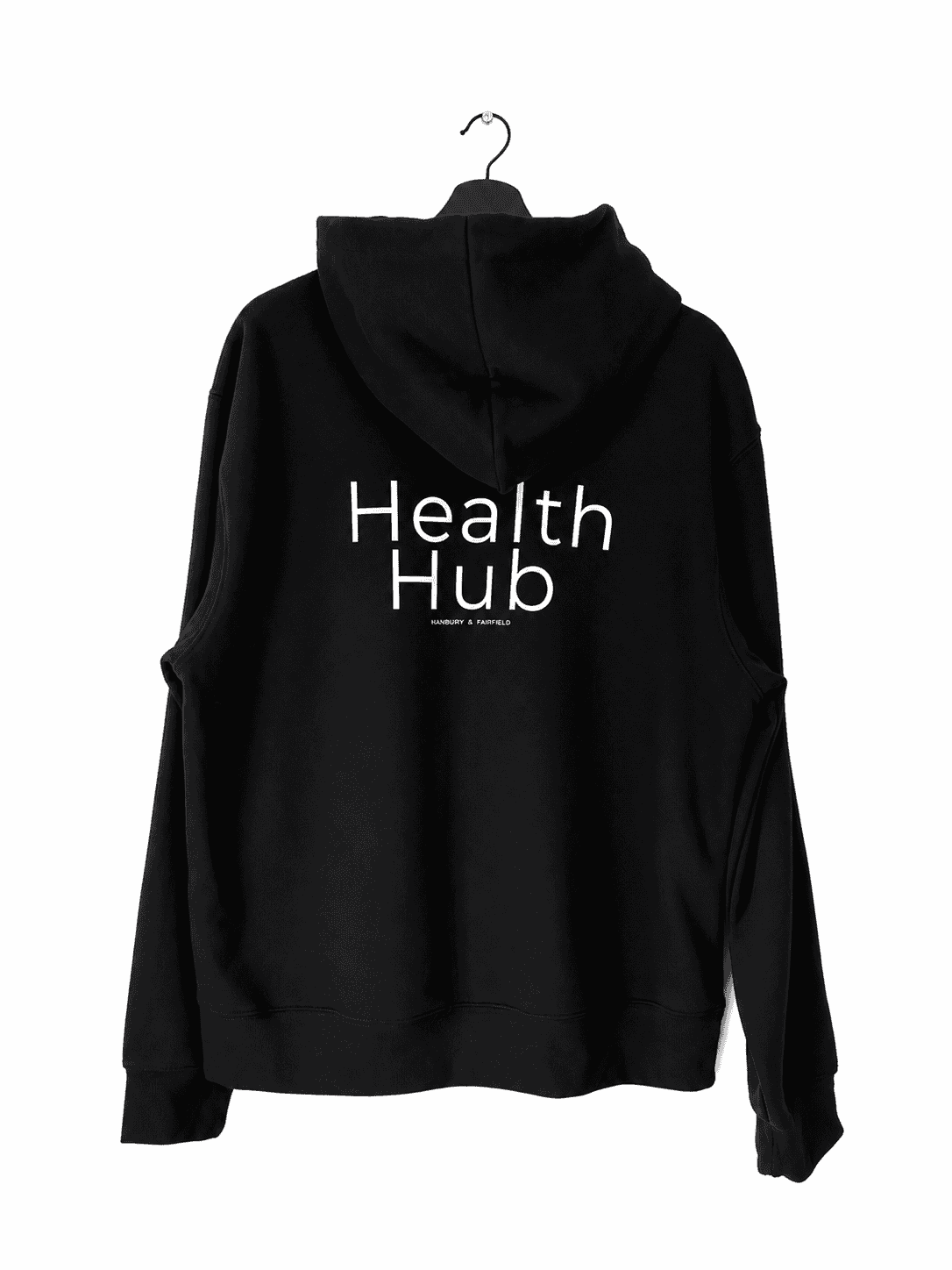Black hoodie with Health Hub logo on back, casual wear for health awareness.