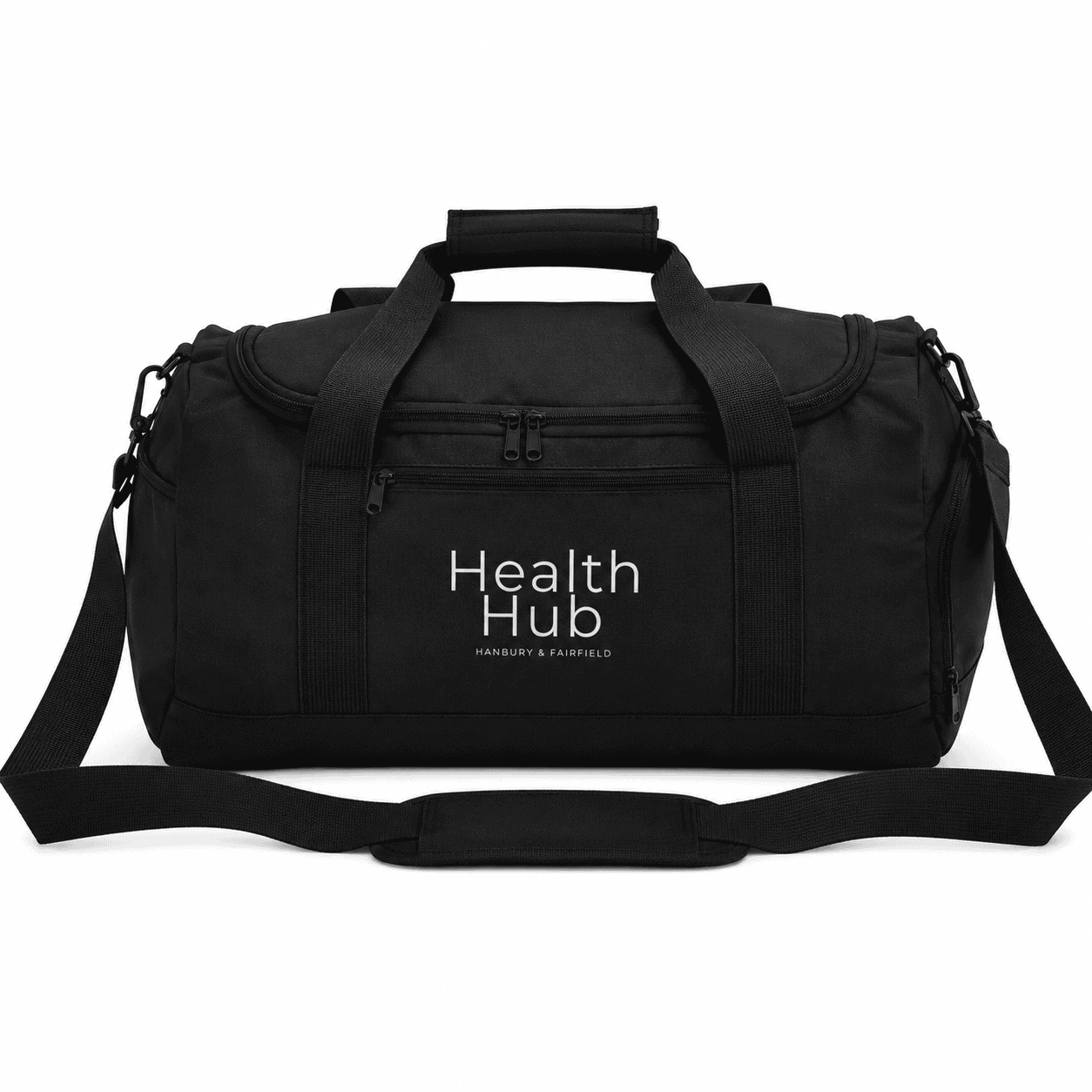 Black gym bag with Health Hub logo for fitness and gym use.