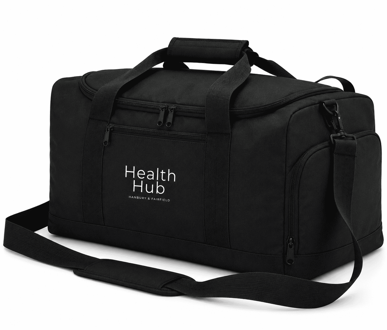 Black duffle bag with Health Hub logo for gym and fitness use.