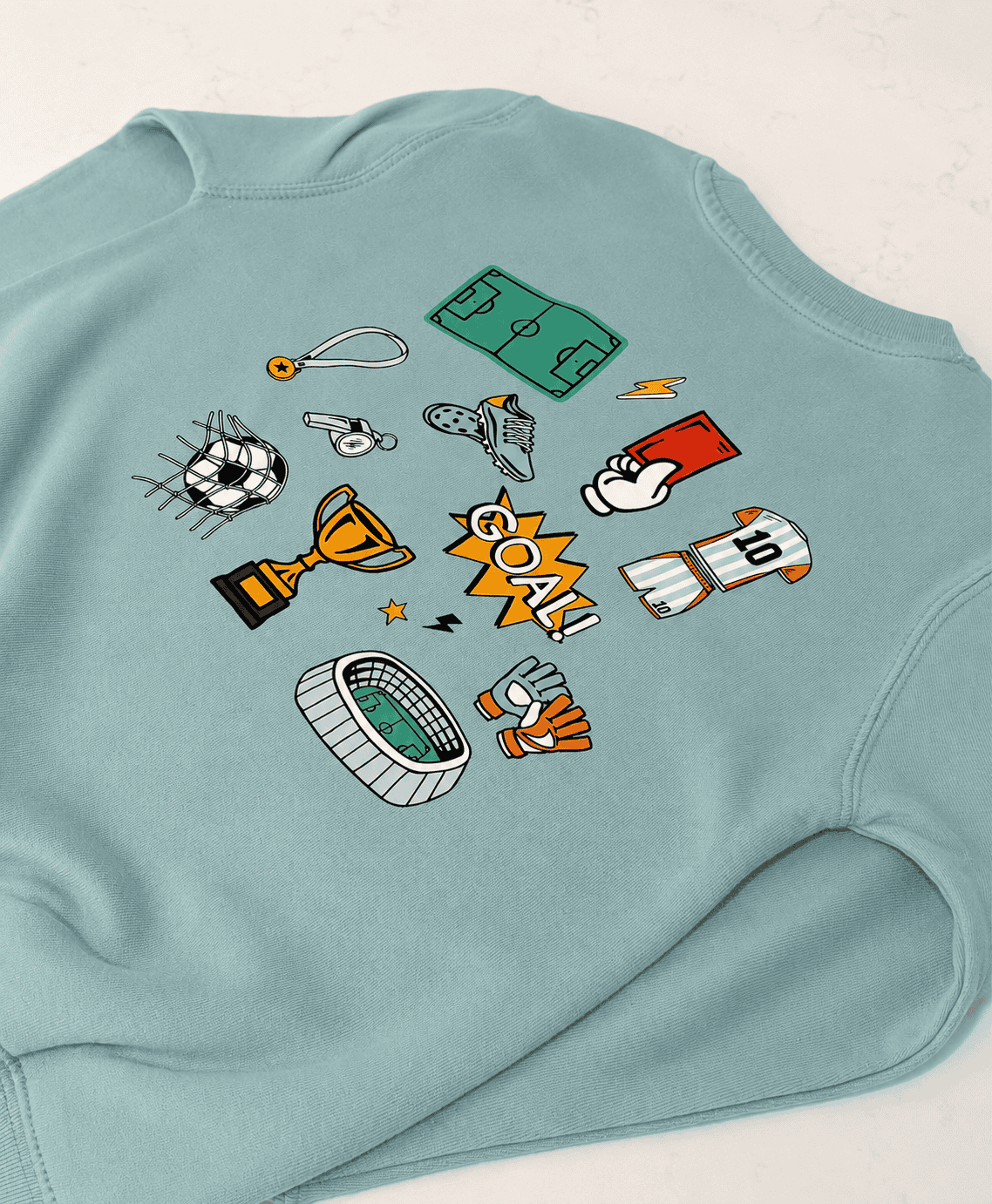 Embroidered sweatshirt featuring sports icons like football, trophy, and scoreboard, perfect for tea.