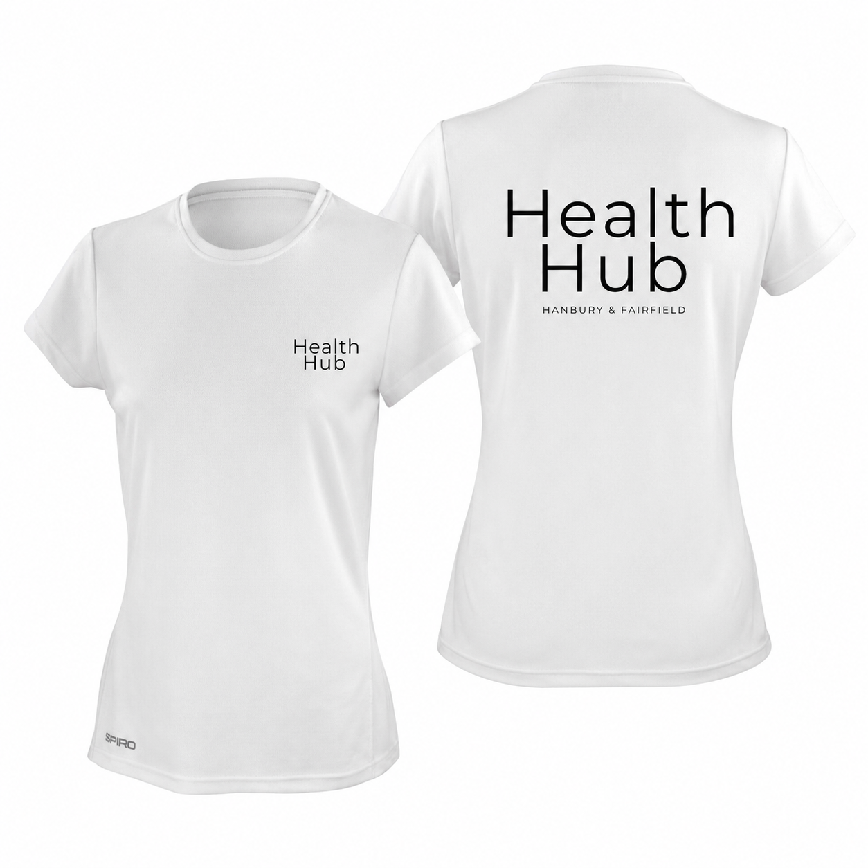 White women's performance T-shirt with Health Hub logo for activewear.